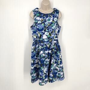 Eliza J Floral A-Line Sleeveless Dress Sz M Blue Lined Artsy Garden Summer